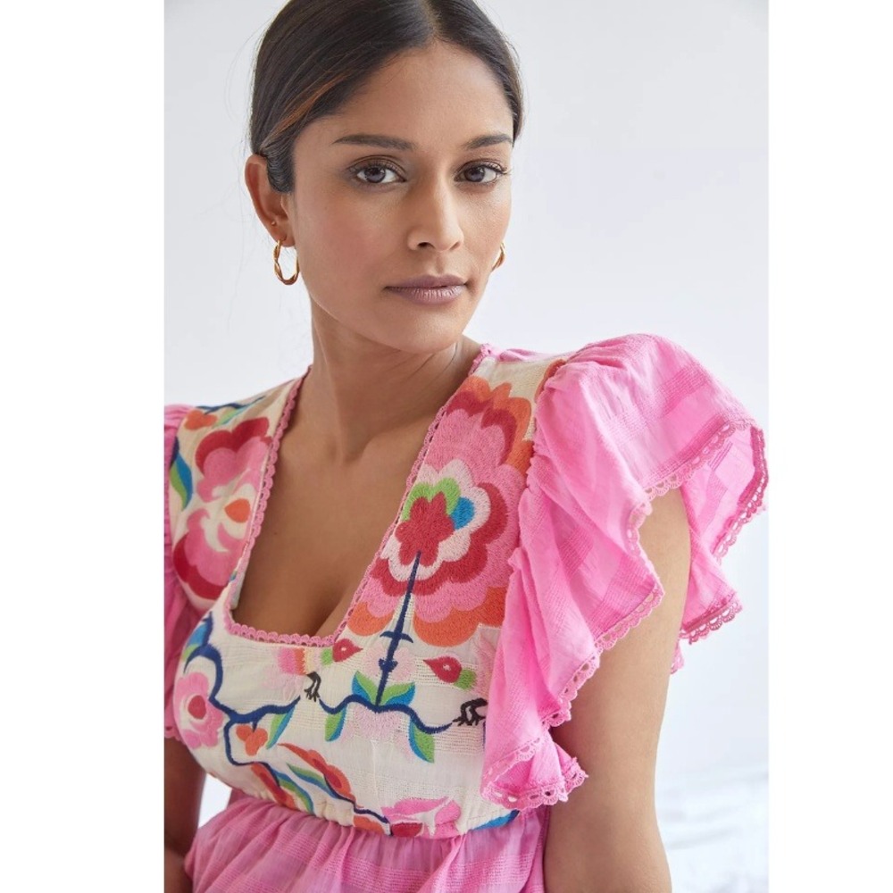 Plenty by Tracy Reese Embroidered Babydoll Blouse Pink Flutter Sleeve Top Medium - Picture 2 of 8